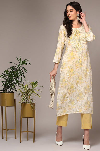Women's Cotton Blend Off White Floral Printed Regular Fit Kurta