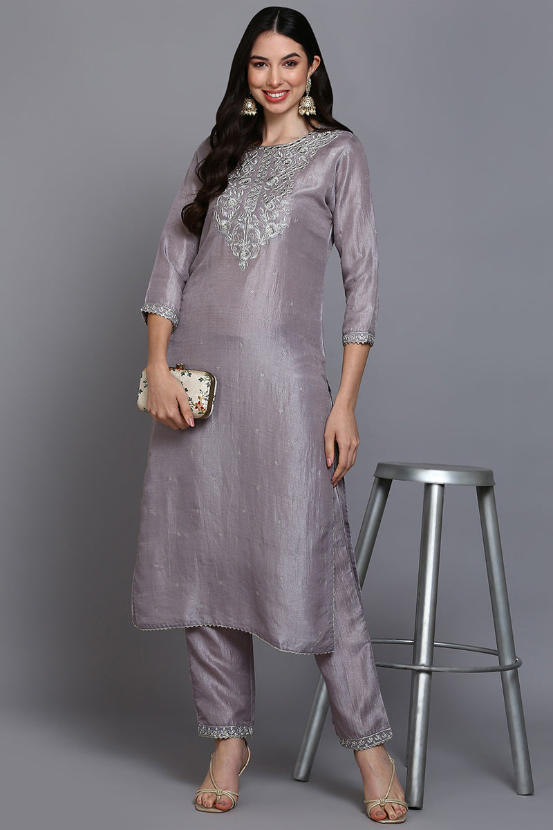 Women's Silk Blend Grey Embroidered Regular Fit Kurta