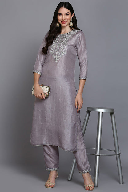 Women's Silk Blend Grey Embroidered Regular Fit Kurta