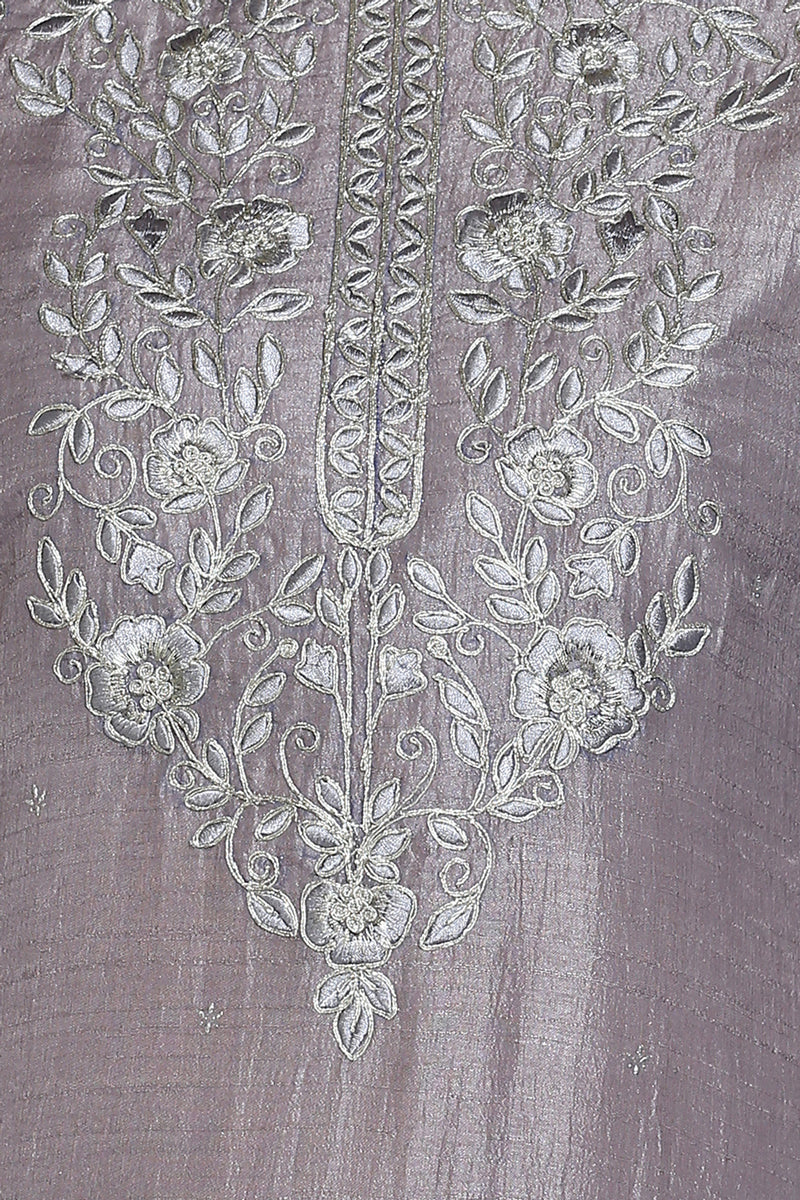 Women's Silk Blend Grey Embroidered Regular Fit Kurta