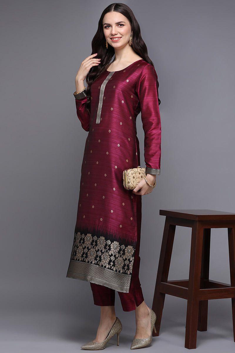 Women's Silk Blend Magenta Jacquard Regular Fit Kurta