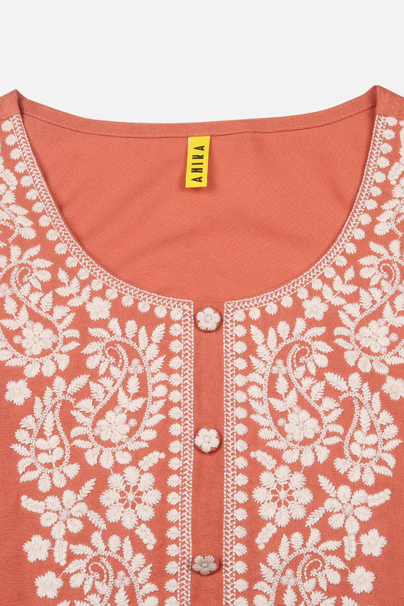 Women's Viscose Rayon Orange Embroidered Regular Fit Kurta