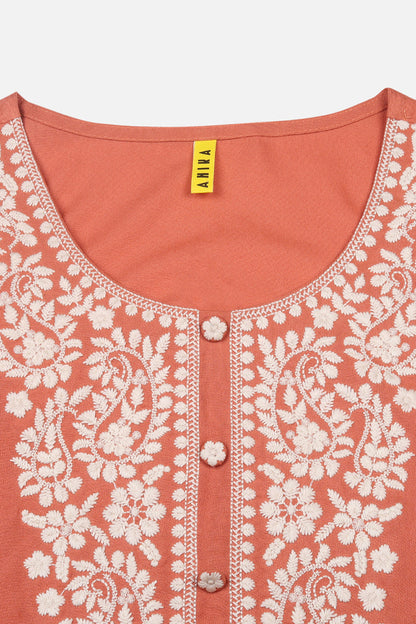 Women's Viscose Rayon Orange Embroidered Regular Fit Kurta