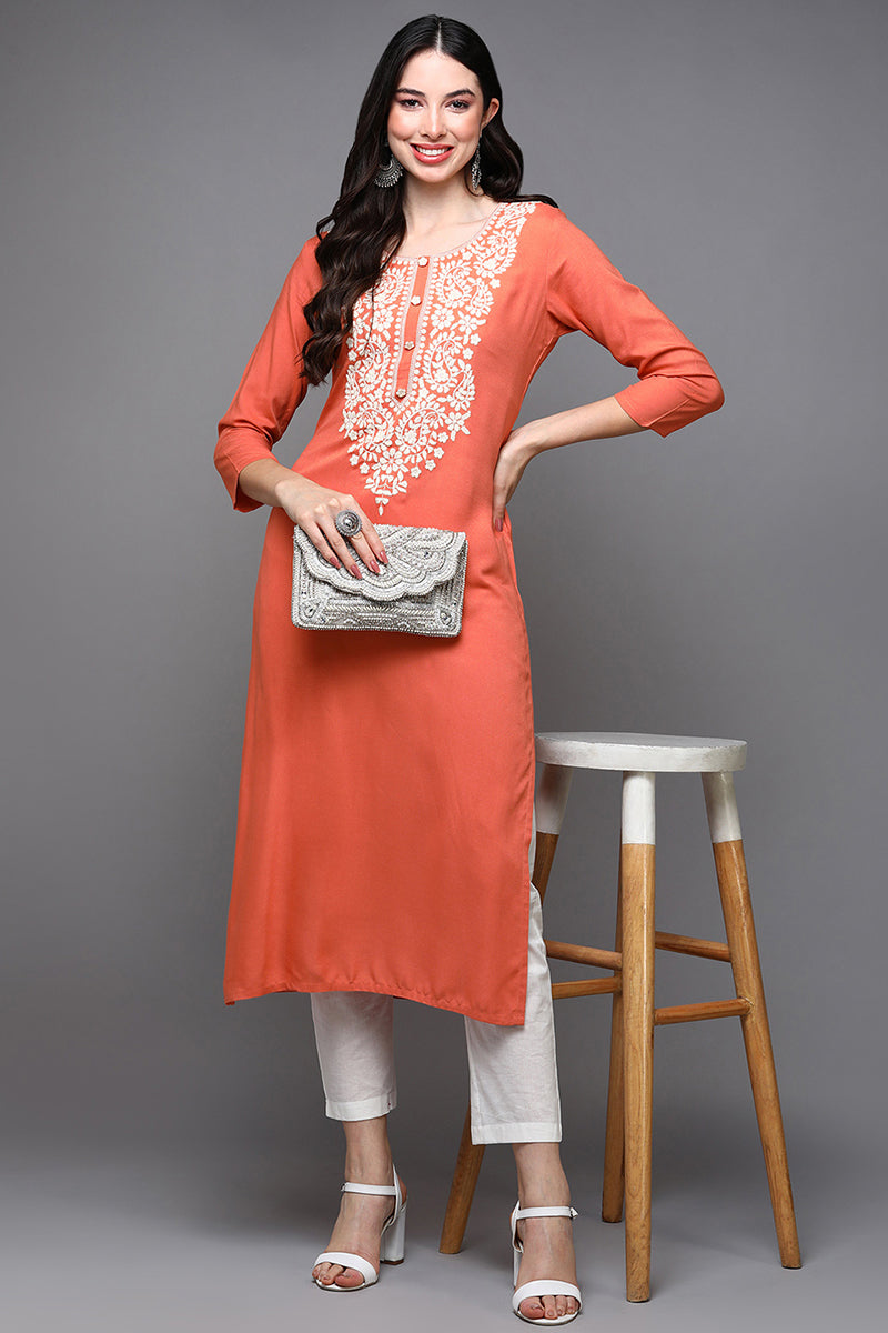 Women's Viscose Rayon Orange Embroidered Regular Fit Kurta
