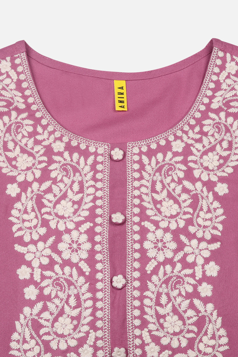Women's Viscose Rayon Pink Embroidered Regular Fit Kurta