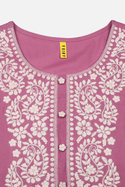 Women's Viscose Rayon Pink Embroidered Regular Fit Kurta