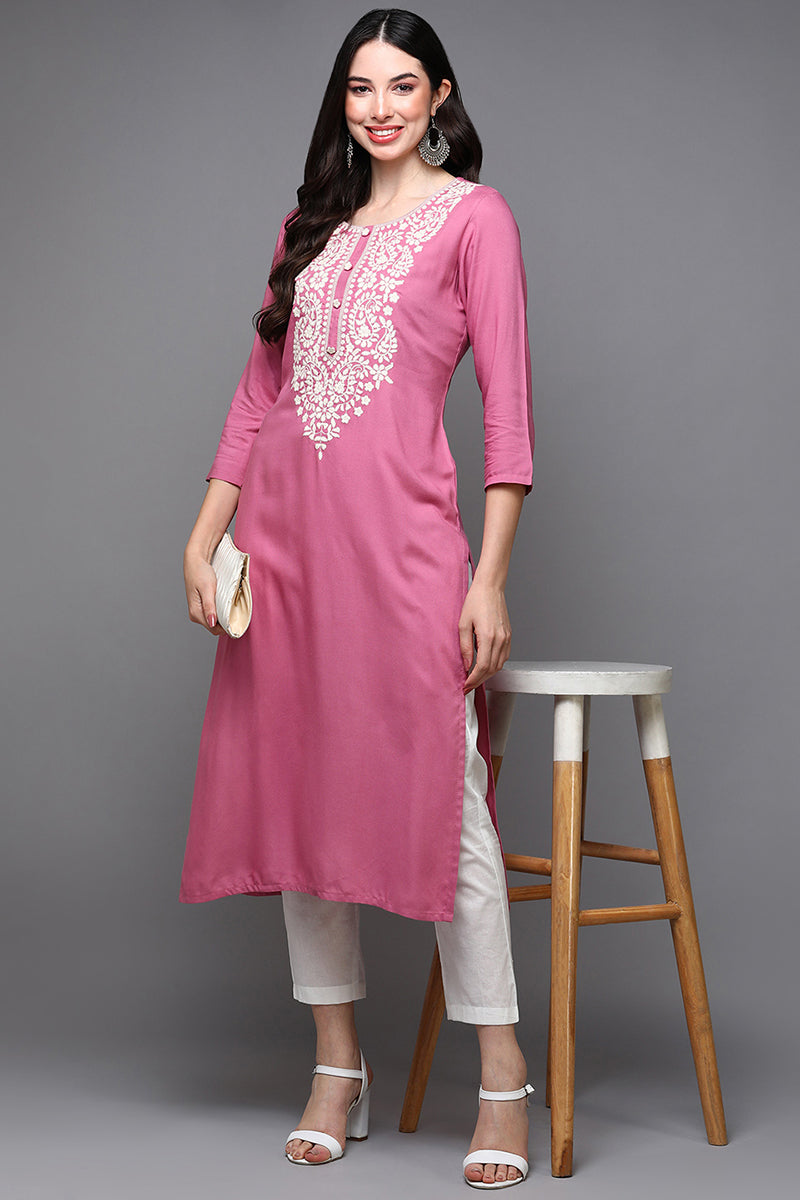 Women's Viscose Rayon Pink Embroidered Regular Fit Kurta
