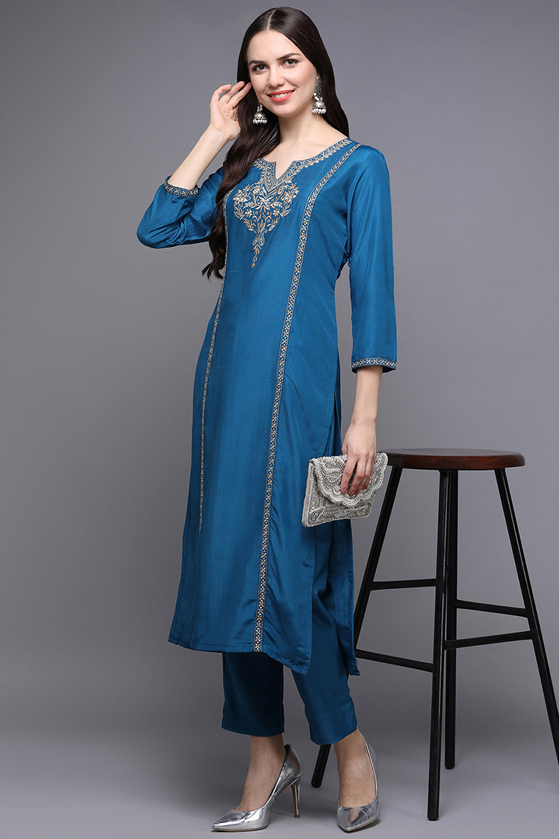 Women's Silk Blend Blue Embroidered Regular Fit Kurta