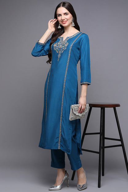 Women's Silk Blend Blue Embroidered Regular Fit Kurta