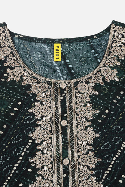 Women's Viscose Rayon Green Bandhani Printed Regular Fit Kurta