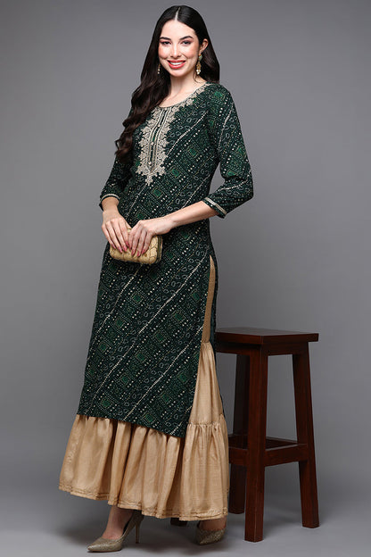 Women's Viscose Rayon Green Bandhani Printed Regular Fit Kurta
