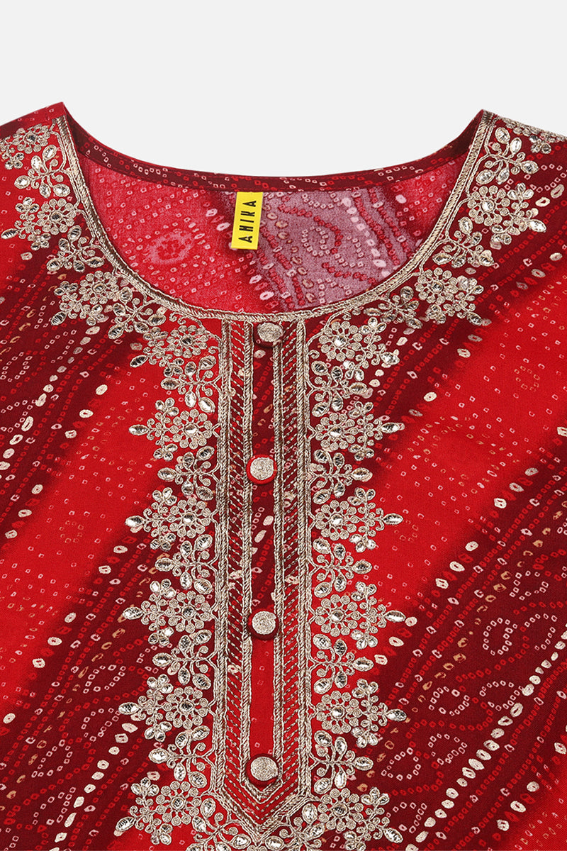 Women's Viscose Rayon Red Bandhani Printed Regular Fit Kurta
