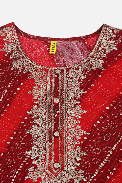 Women's Viscose Rayon Red Bandhani Printed Regular Fit Kurta