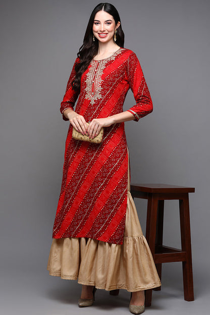 Women's Viscose Rayon Red Bandhani Printed Regular Fit Kurta