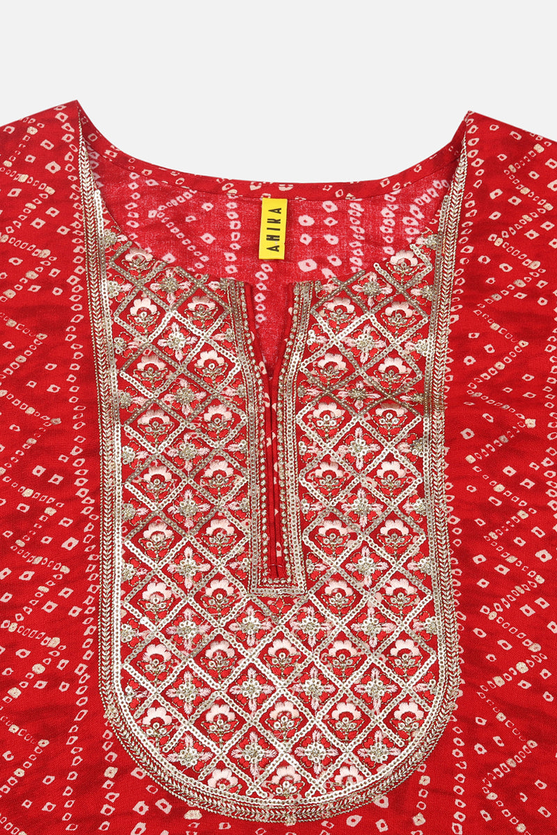 Women's Red Viscose Rayon Bandhani Printed Regular Fit Kurta