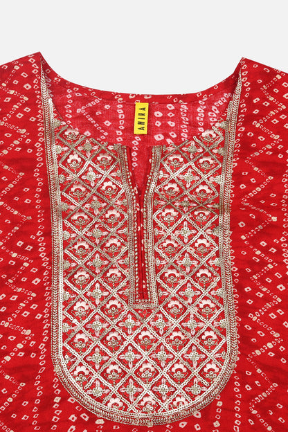 Women's Red Viscose Rayon Bandhani Printed Regular Fit Kurta