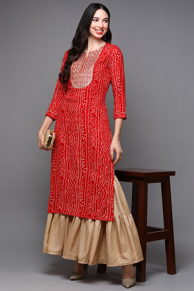 Women's Red Viscose Rayon Bandhani Printed Regular Fit Kurta