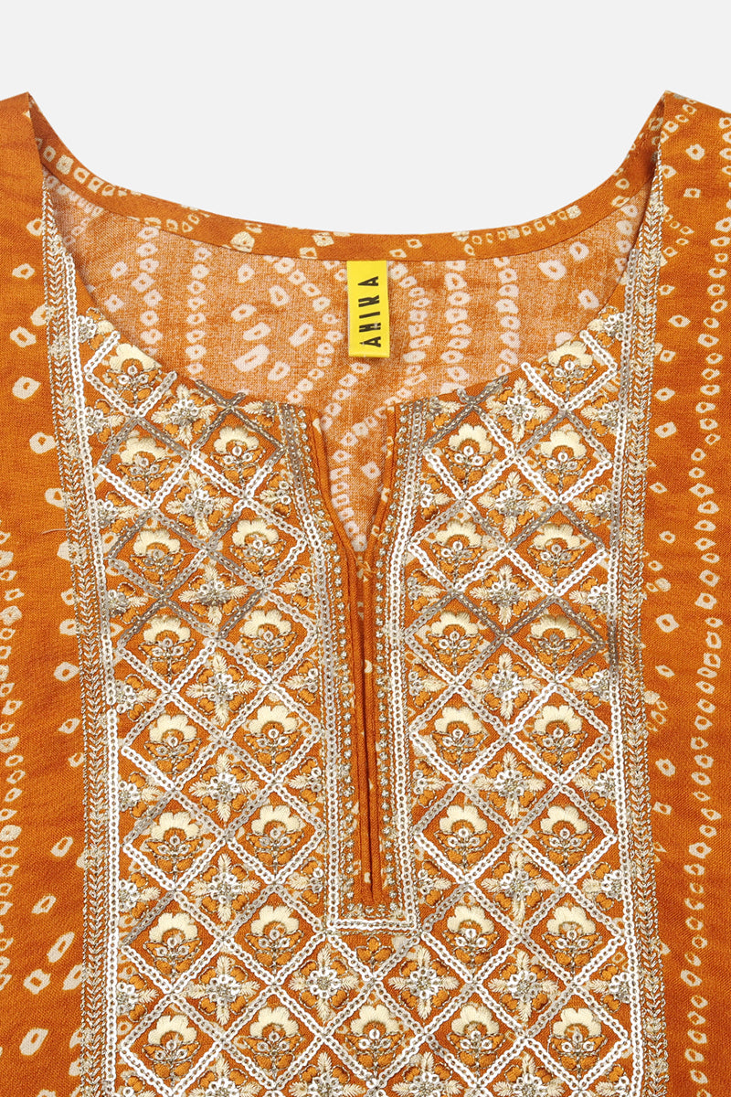 Women's Viscose Rayon Yellow Bandhani Printed Regular Fit Kurta