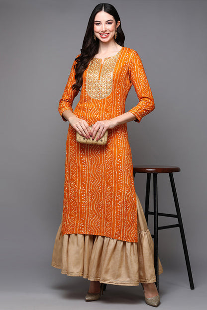 Women's Viscose Rayon Yellow Bandhani Printed Regular Fit Kurta