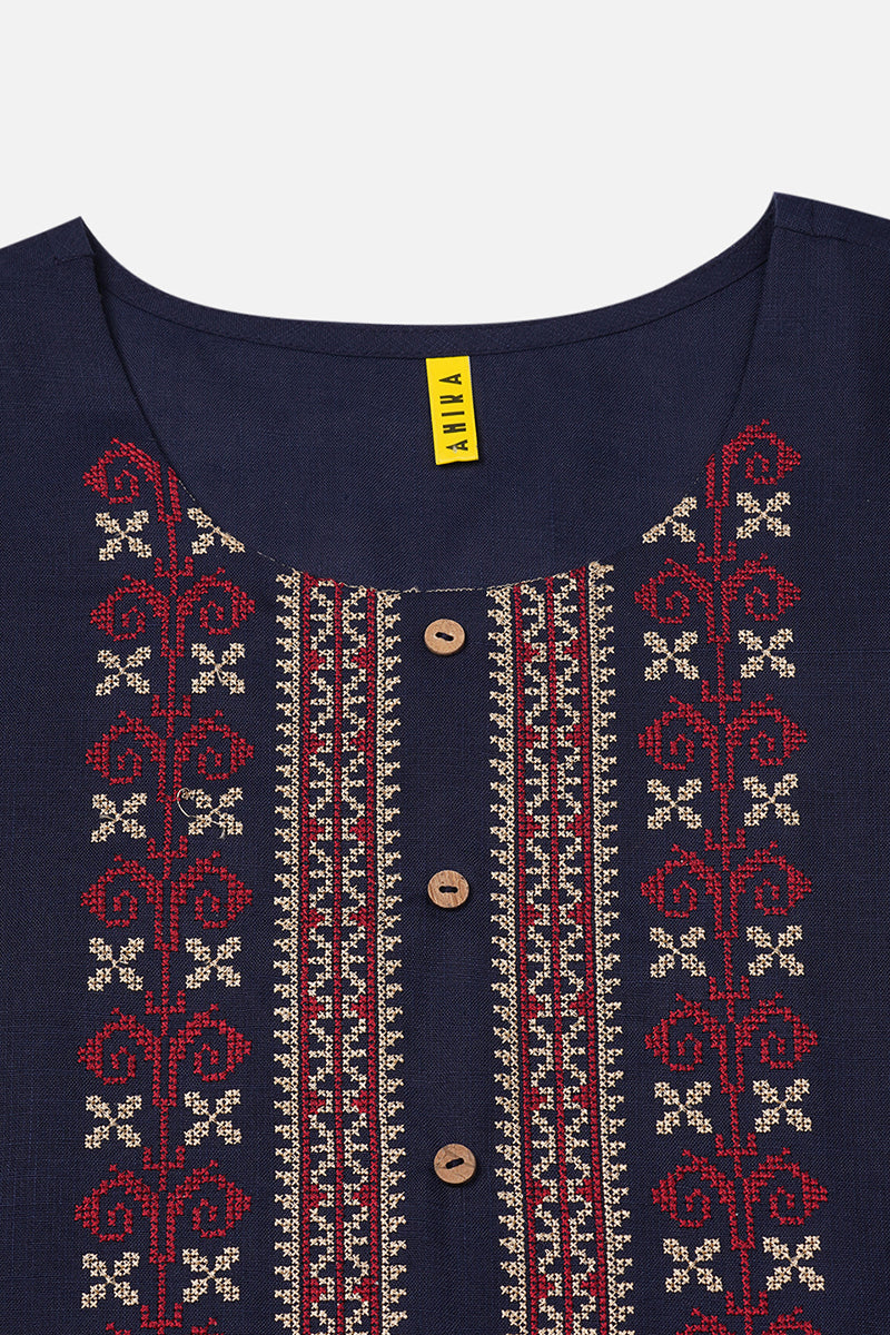 Women's Silk Blend Navy Blue Embroidered Regular Fit Kurta