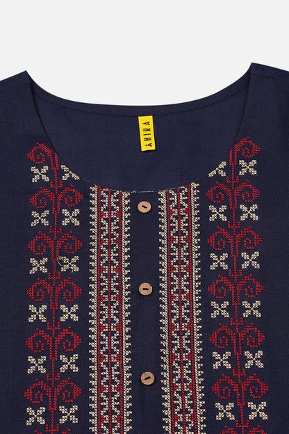 Women's Silk Blend Navy Blue Embroidered Regular Fit Kurta