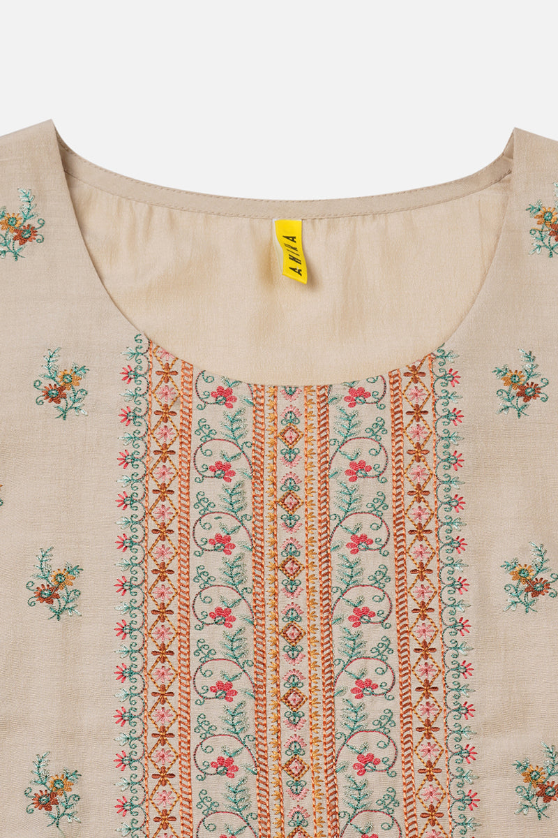 Women's Silk Blend Beige Embroidered Regular Fit Kurta