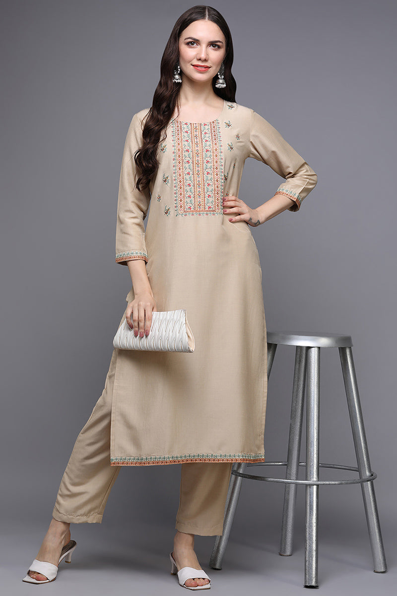 Women's Silk Blend Beige Embroidered Regular Fit Kurta