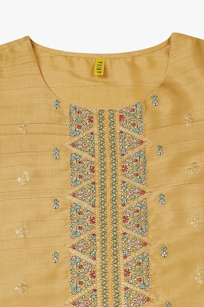 Women's Silk Blend Yellow Embroidered Regular Fit Kurta