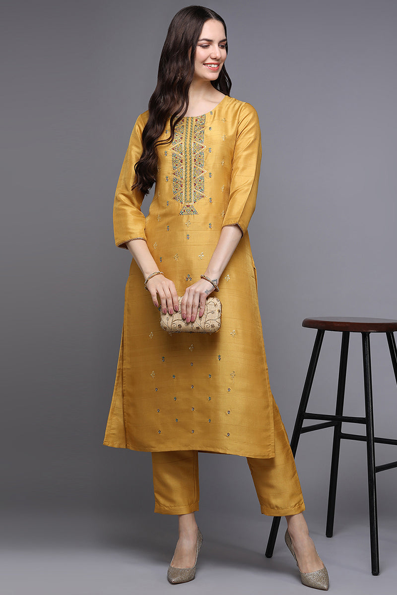 Women's Silk Blend Yellow Embroidered Regular Fit Kurta