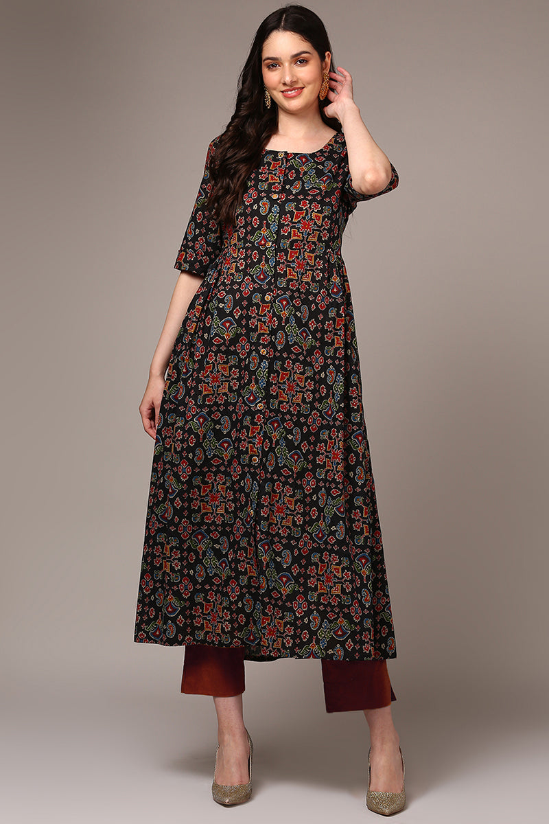 Women's Black Cotton Ikat Printed Flared Kurta