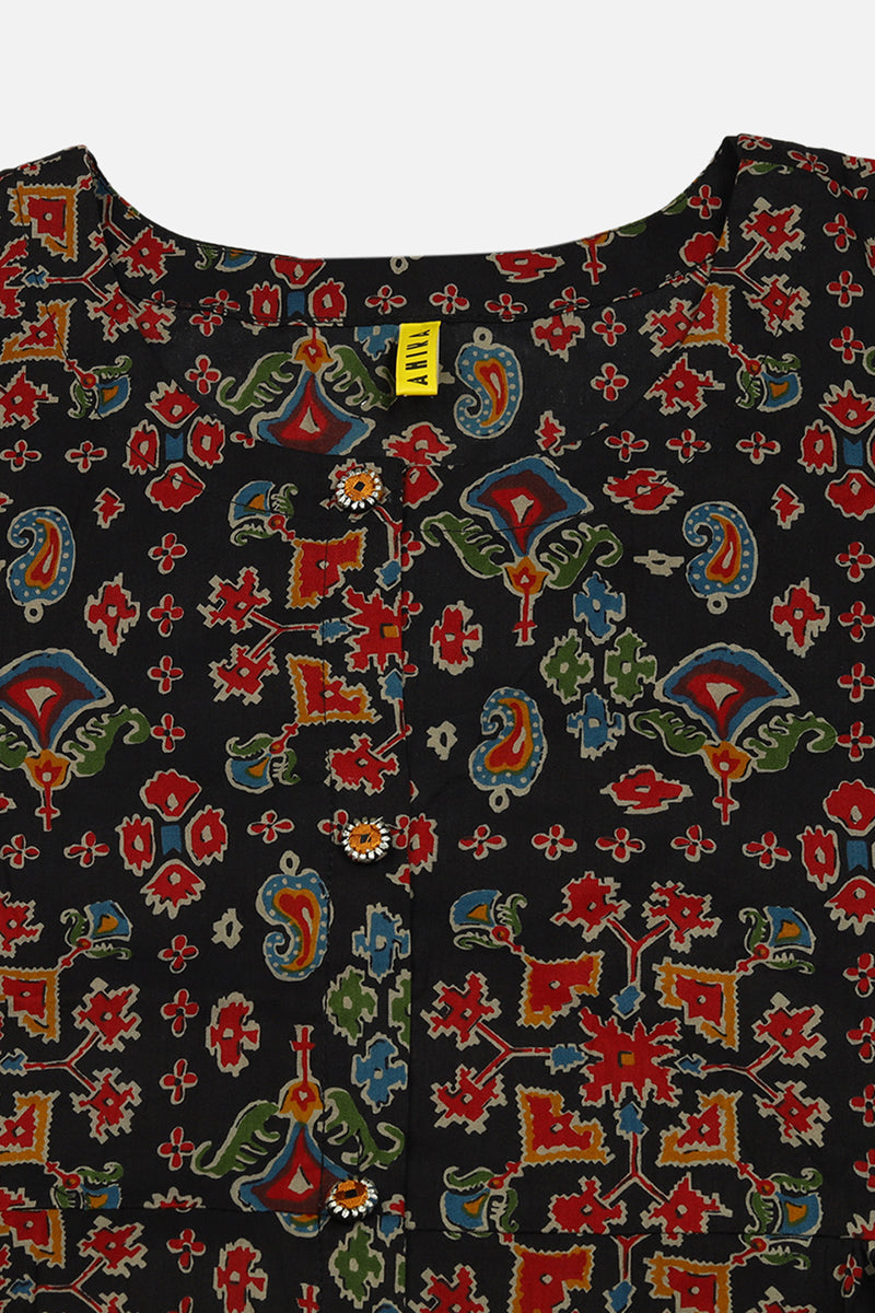 Women's Black Cotton Ikat Printed Flared Kurta