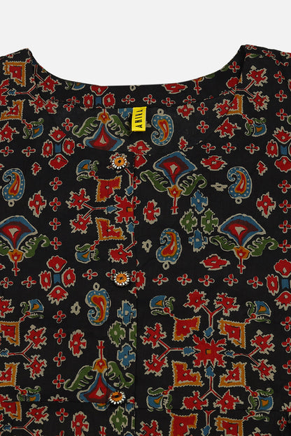 Women's Black Cotton Ikat Printed Flared Kurta