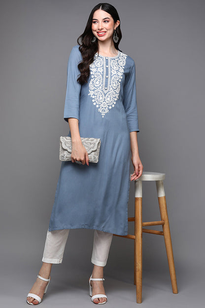 Women's Viscose Rayon Blue Floral Printed Regular Fit Kurta