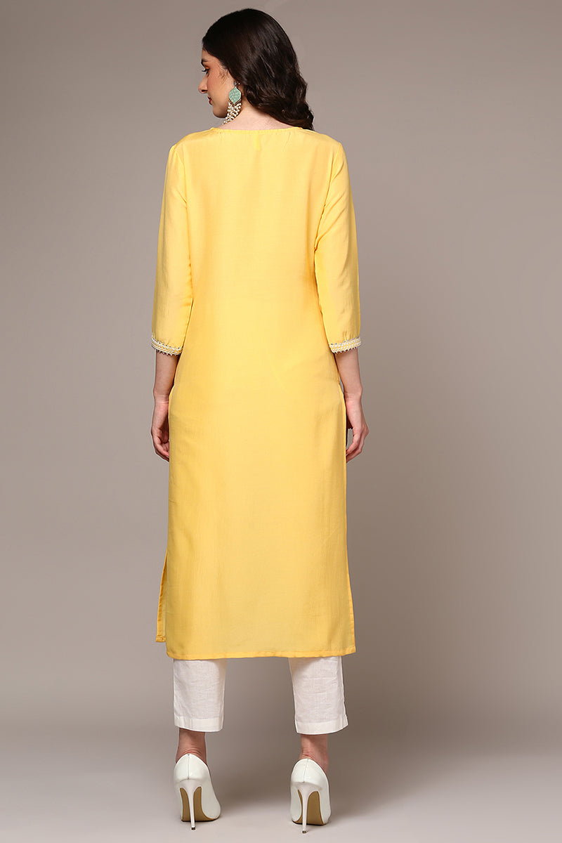 Women's Silk Blend Yellow Embroidered Regular Fit Kurta