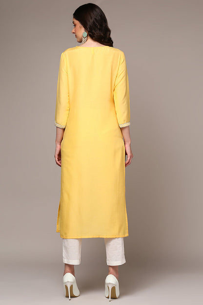 Women's Silk Blend Yellow Embroidered Regular Fit Kurta