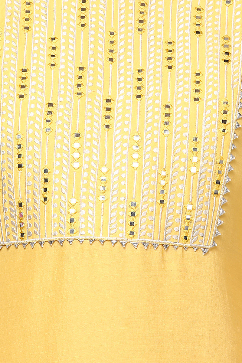 Women's Silk Blend Yellow Embroidered Regular Fit Kurta