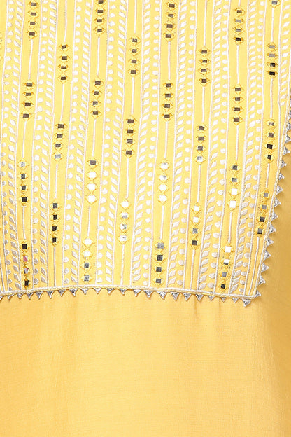 Women's Silk Blend Yellow Embroidered Regular Fit Kurta