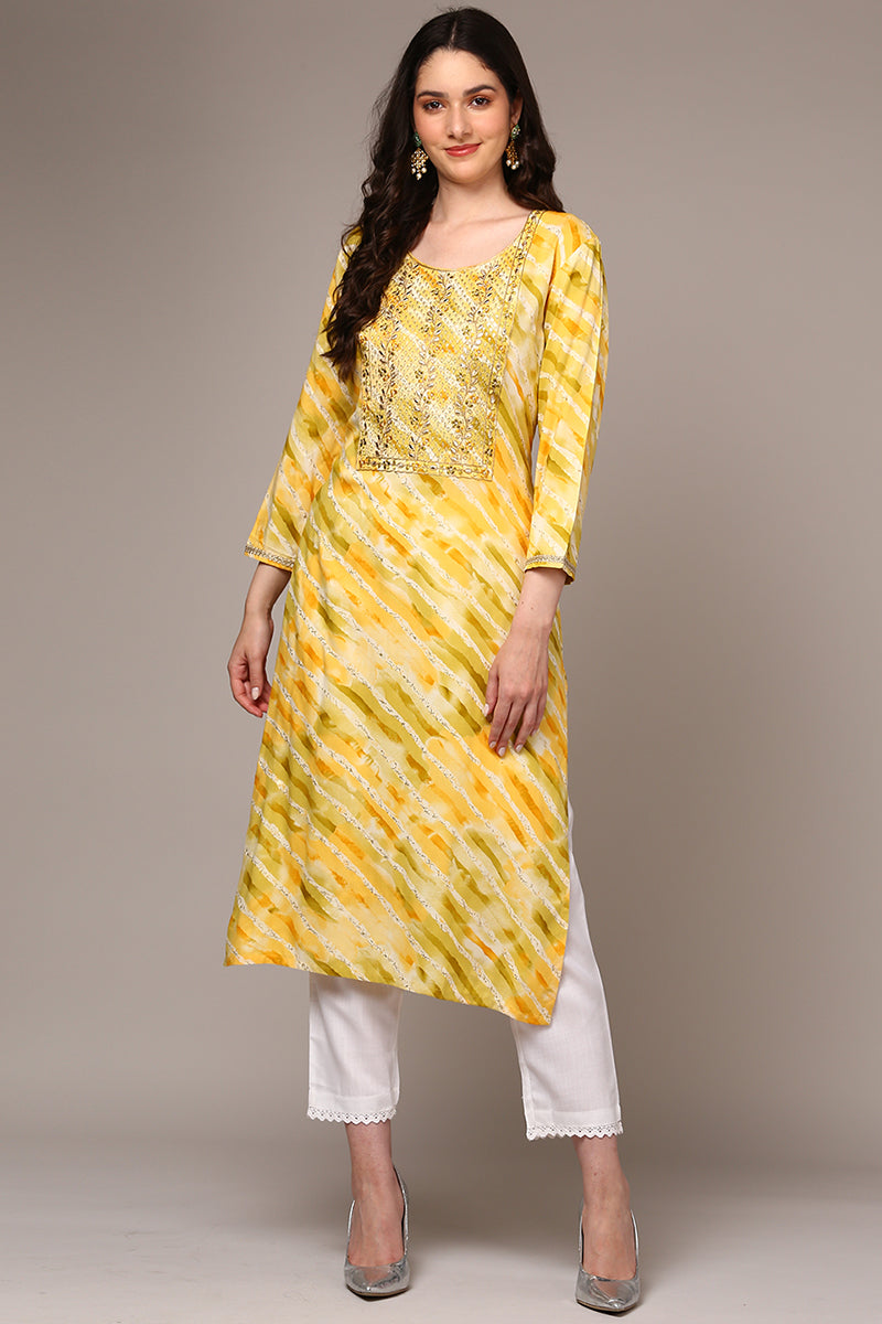 Women's Yellow Viscose Rayon Leheriya Printed Regular Fit Kurta