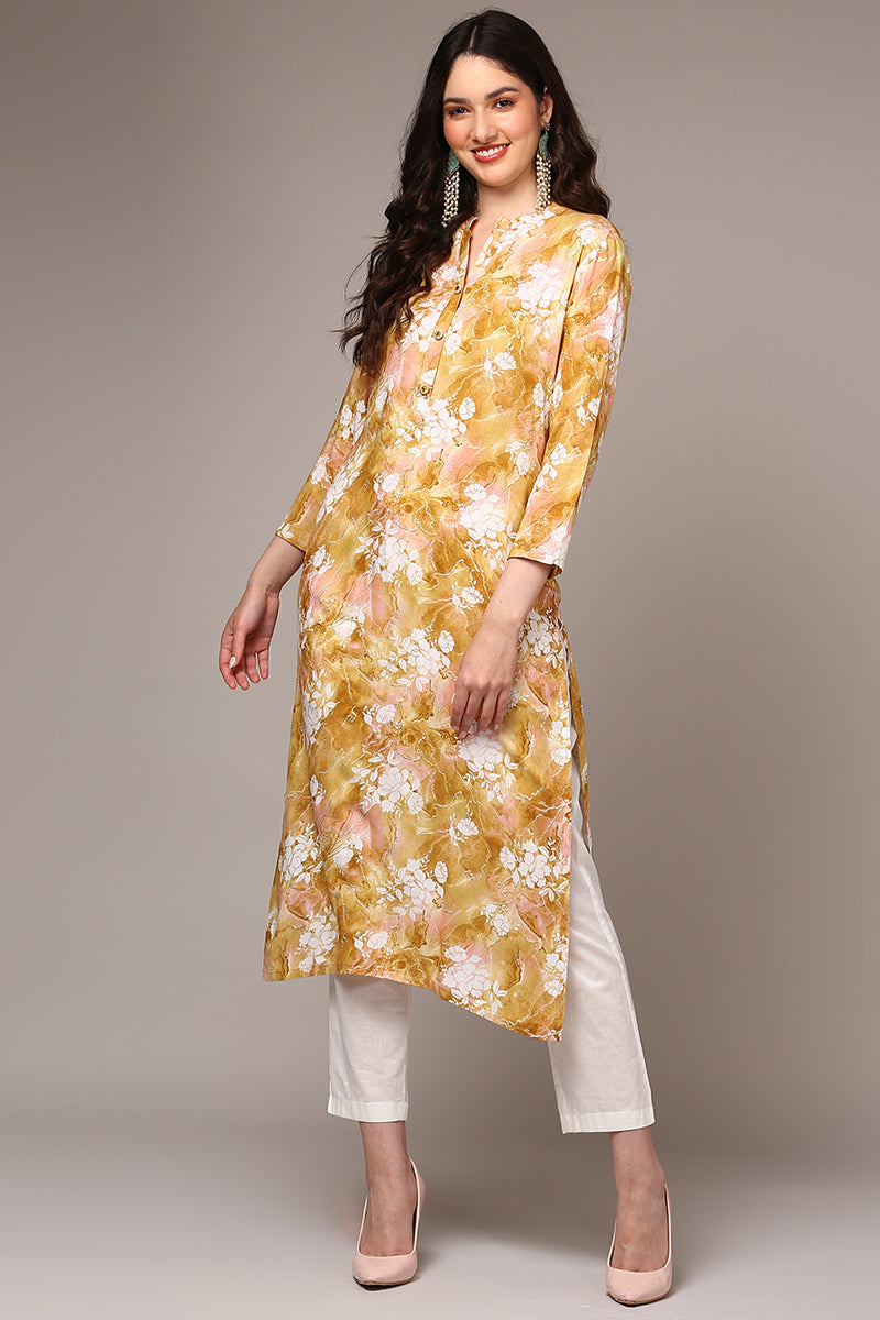 Women's Viscose Rayon Yellow Floral Printed Regular Fit Kurta