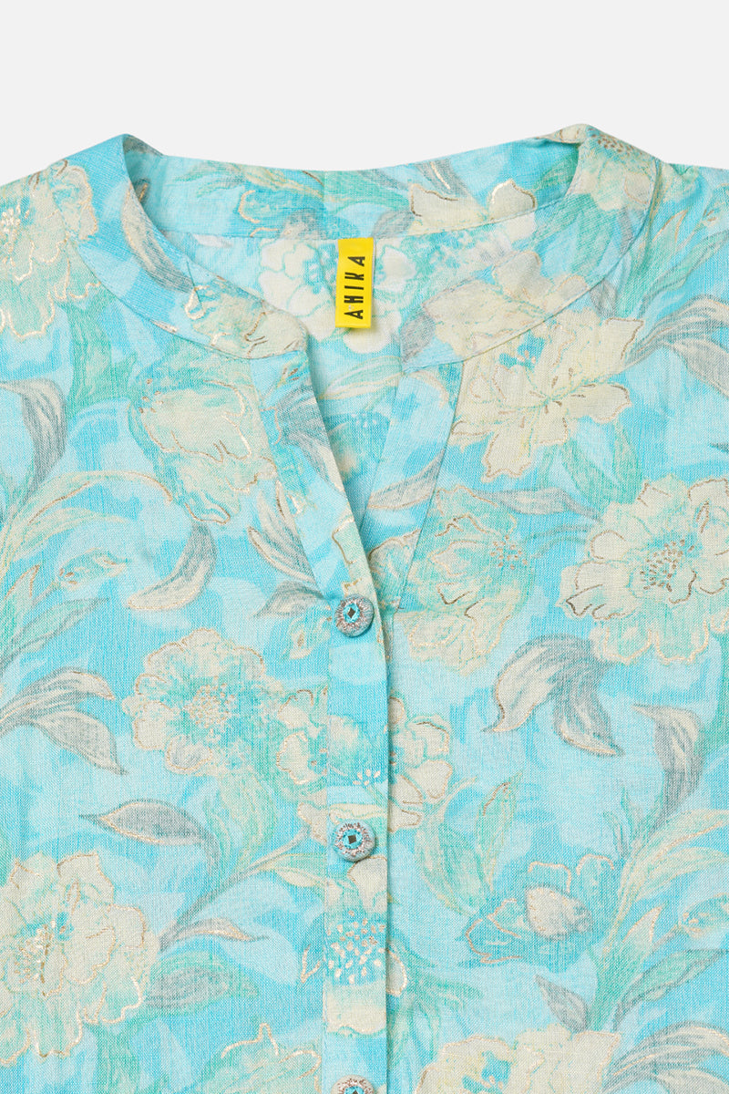 Women's Turquoise Blue Viscose Rayon Floral Printed Regular Fit Kurta