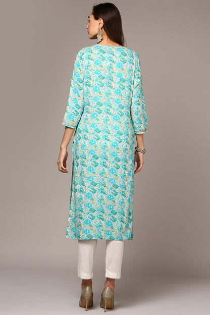 Women's Turquoise Blue Viscose Rayon Ethnic Motifs Regular Fit Kurta