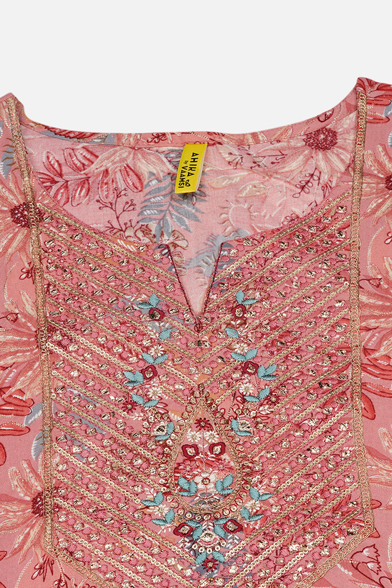 Women's Pink Viscose Rayon Floral Regular Fit Kurta