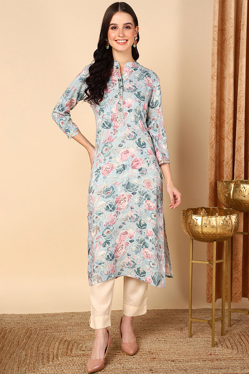 Women's Blue Viscose Rayon Floral Printed Kurta
