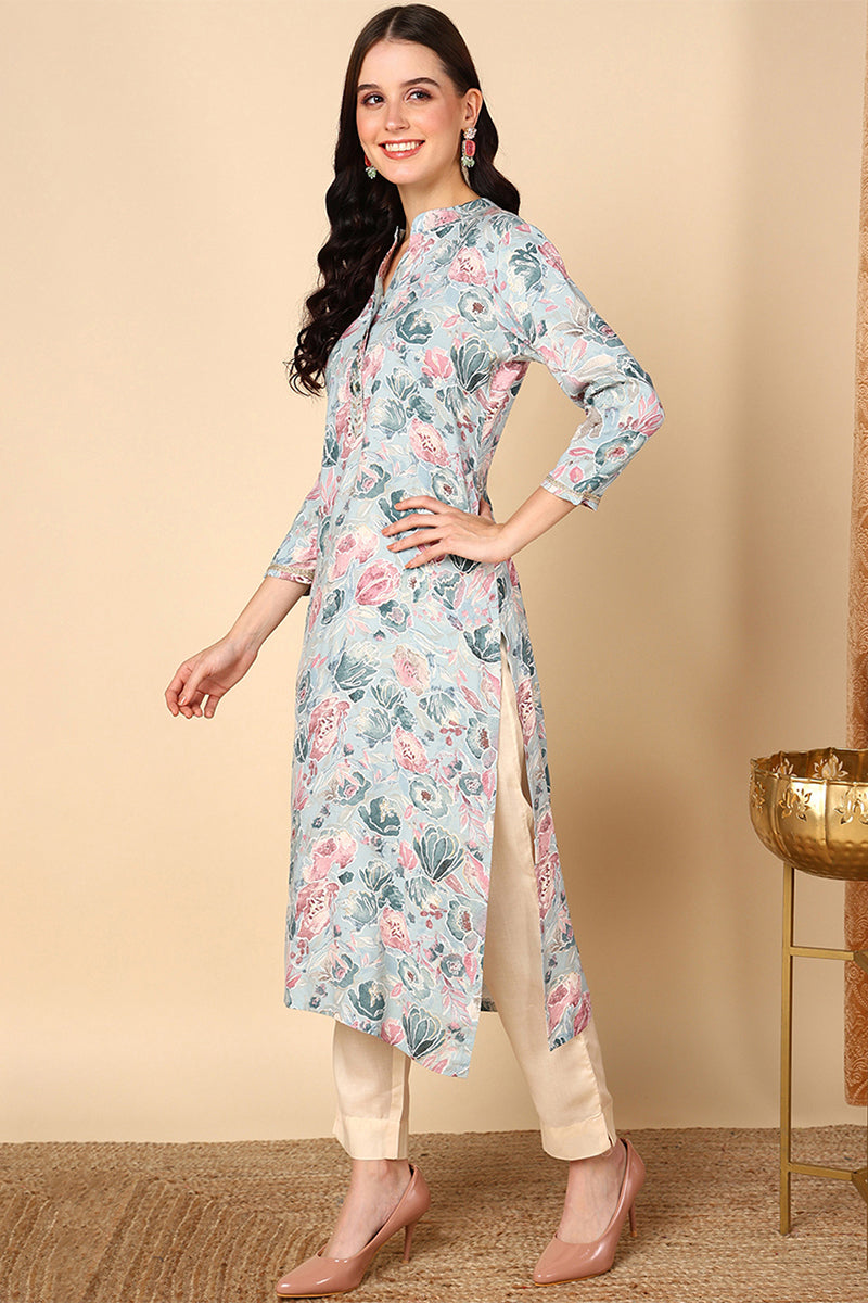 Women's Blue Viscose Rayon Floral Printed Kurta