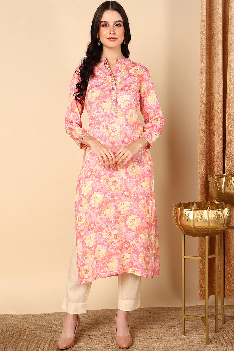 Women's Pink Viscose Rayon Floral Printed