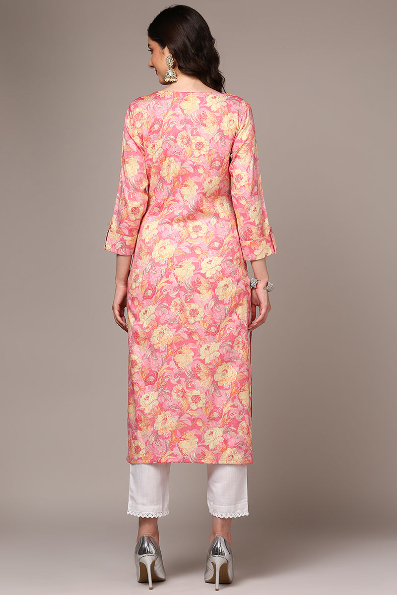 Women's Pink Viscose Rayon Floral Printed Regular Fit Kurta