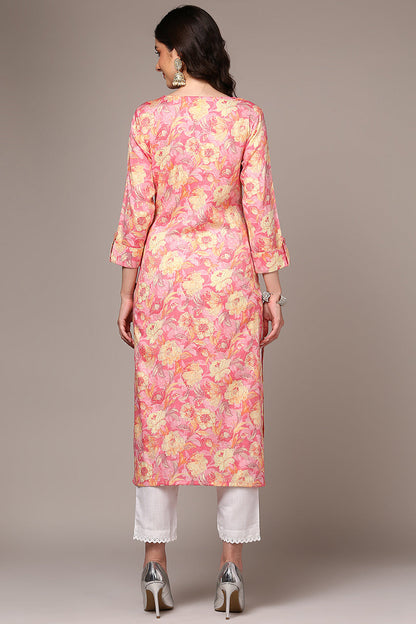 Women's Pink Viscose Rayon Floral Printed Regular Fit Kurta