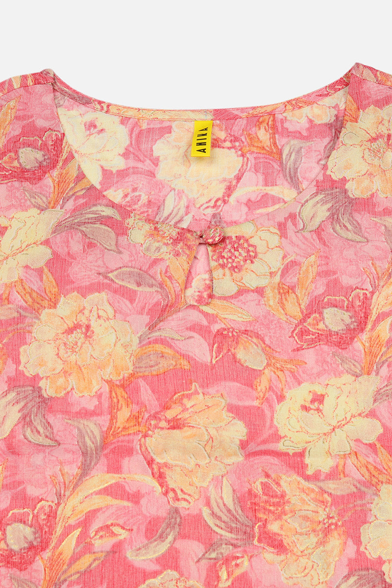 Women's Pink Viscose Rayon Floral Printed Regular Fit Kurta