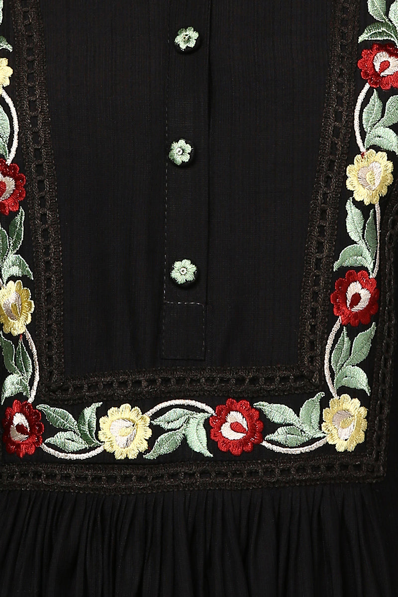 Women's Black Viscose Rayon Embroidered Flared Kurta