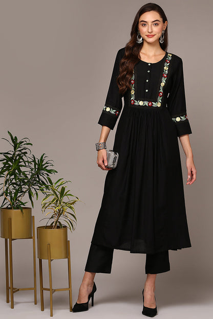 Women's Black Viscose Rayon Embroidered Flared Kurta